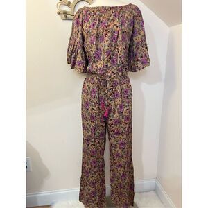 Raga Anthropologie Floral Off Shoulder Bell Sleeve Jumpsuit S NEW